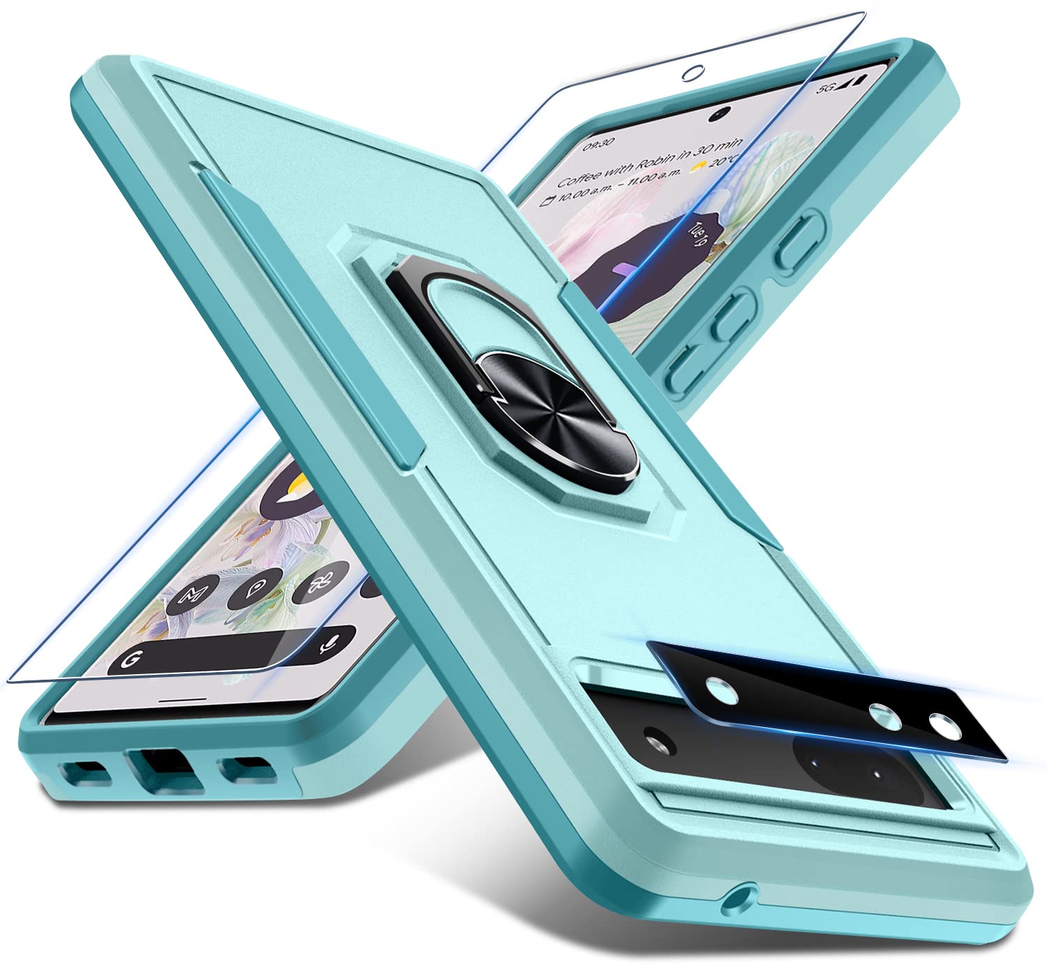 Janmitta for Google Pixel 6a Case with Screen Protector+Camera Lens Protector,Heavy Duty Shockproof Full Body Phone Cover,Built in Metal Ring Holder Kickstand,2022 Mint Green