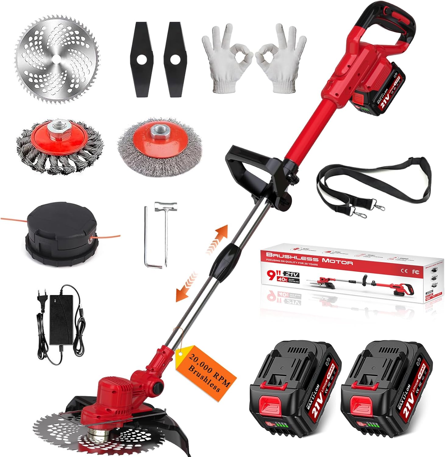 Cordless Weed Wacker Electric String Trimmer, 750W Brushless Motor, 2 x 4.0Ah Batteries,4-in-1 Brush Cutter/String Trimmer/Grass Trimmer/Weed Eater Tool for Lawn Garden Yard (Red)