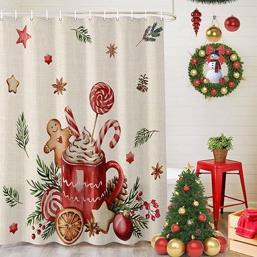Miniatura 5 de Cortina de ducha navideña para baño, 72 x 72 pulgadas, diseño de hombre de jengibre retro, café, capuchino, cortina de ducha de lino con ganchos,