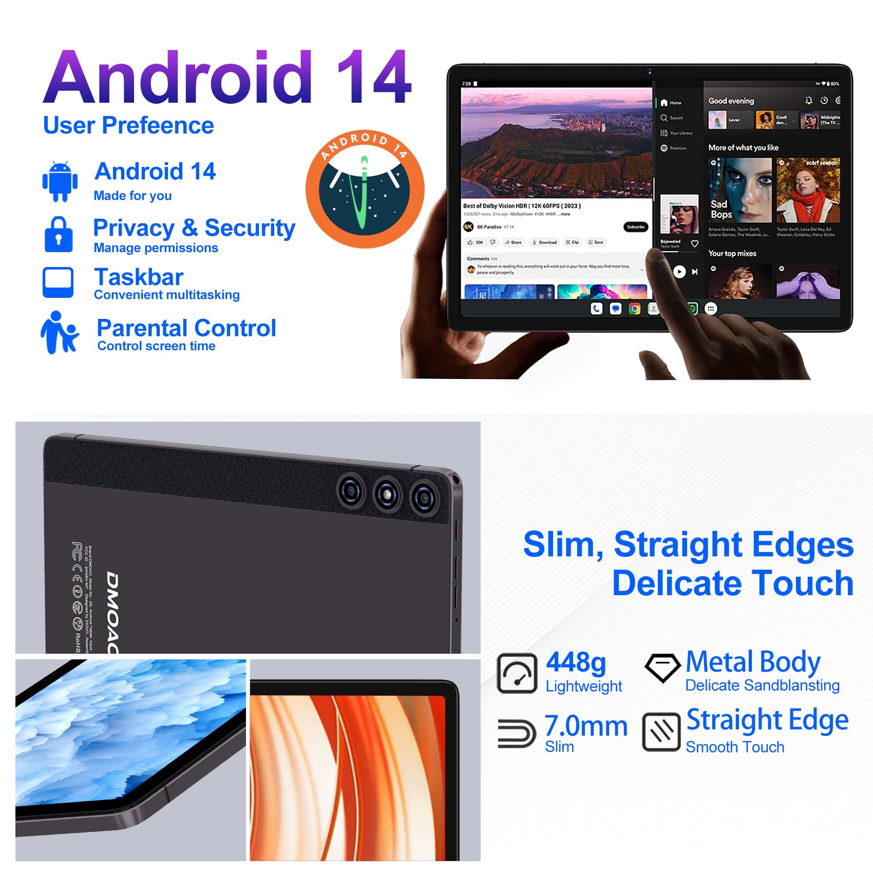 DMOAO Tablet Android 14 con 22GB RAM+128GB ROM(1TB TF, Tablet 10 Pollici con Widevine L1, Octa-Core 2.0GHZ, 5G Wi-Fi, GPS, 8000mAh, 8MP+5MP, Bluetooth 5.0, USB-C, Tablet con Tastiera, Marrone