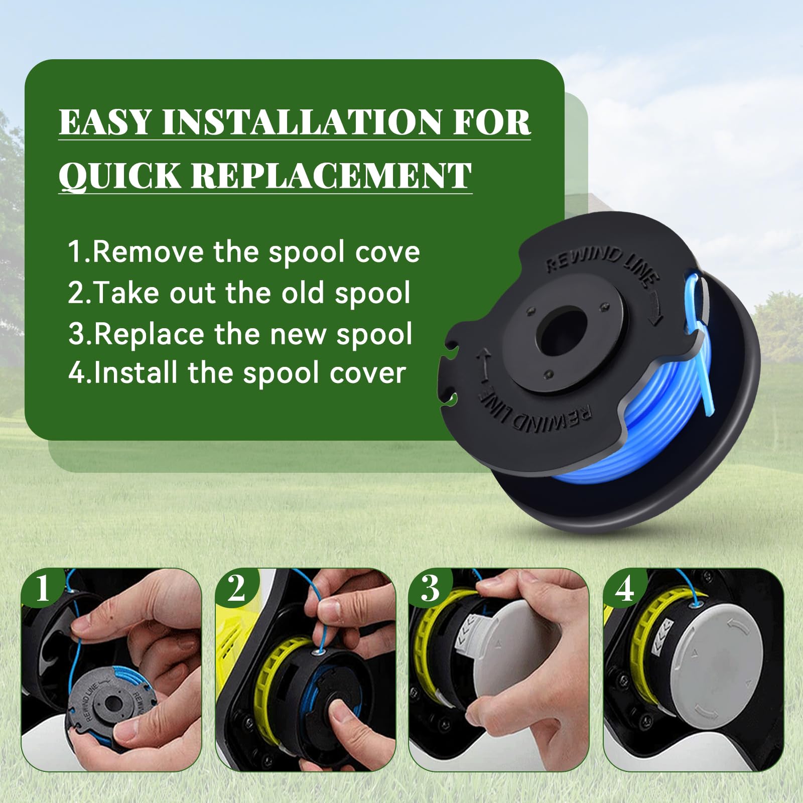 10 sztuk szpul żyłki do Ryobi, zapasowa szpula do trymera do trymera Ryobi One+RAC124 AC14RL3A OLT1823 OLT1832 18 V 24 V 40 V podkaszarka do trawy, 10 szpulek z 2 nasadkami (3,4 m, średnica 1,65 mm)