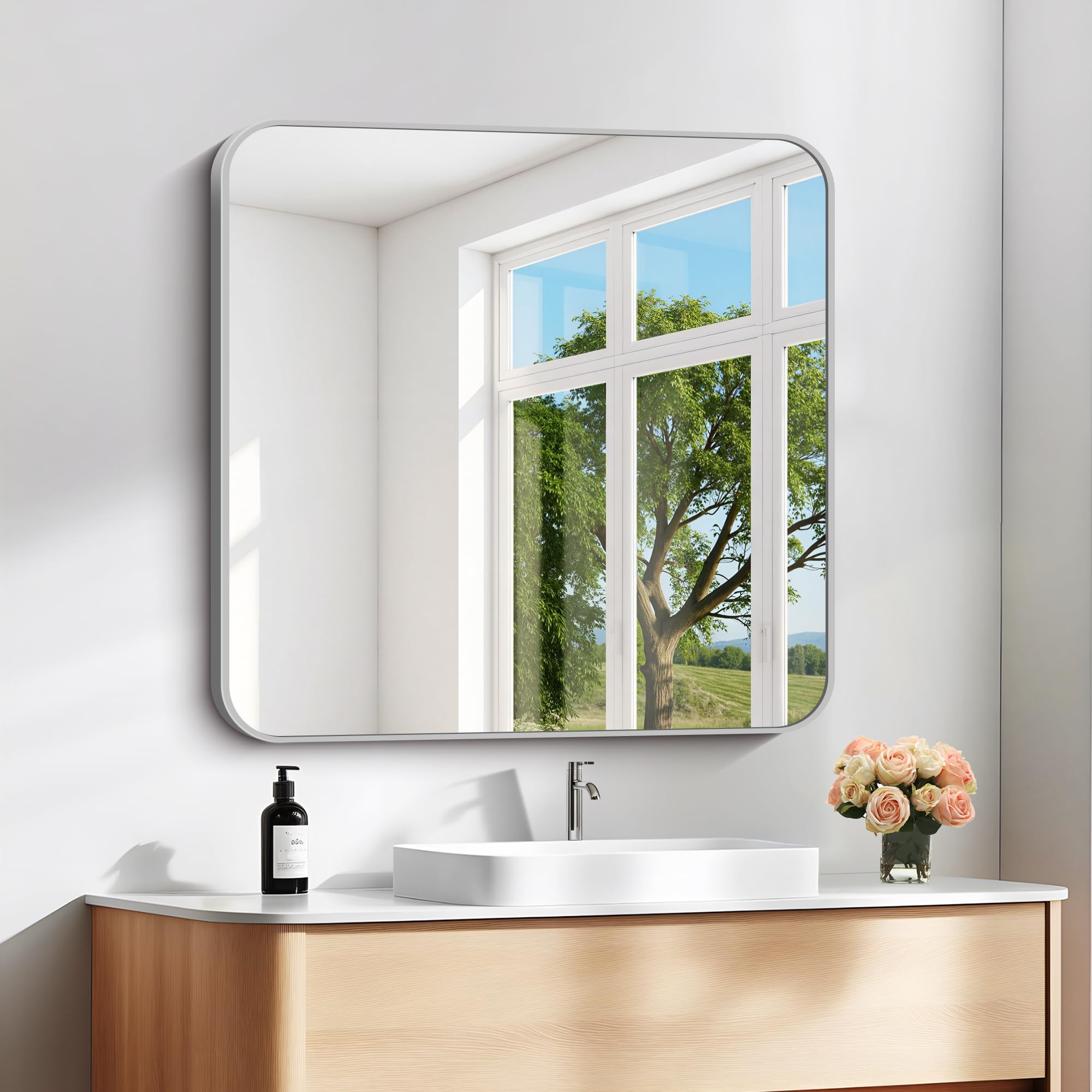 DESBING 30" x 30"Bathroom Mirror, Silver Wall Mirror with Metal Frame, Decorative Rectangular Vanity Mirror for Bedroom Bathroom Living Room Entryway (Horizontal/Vertical)