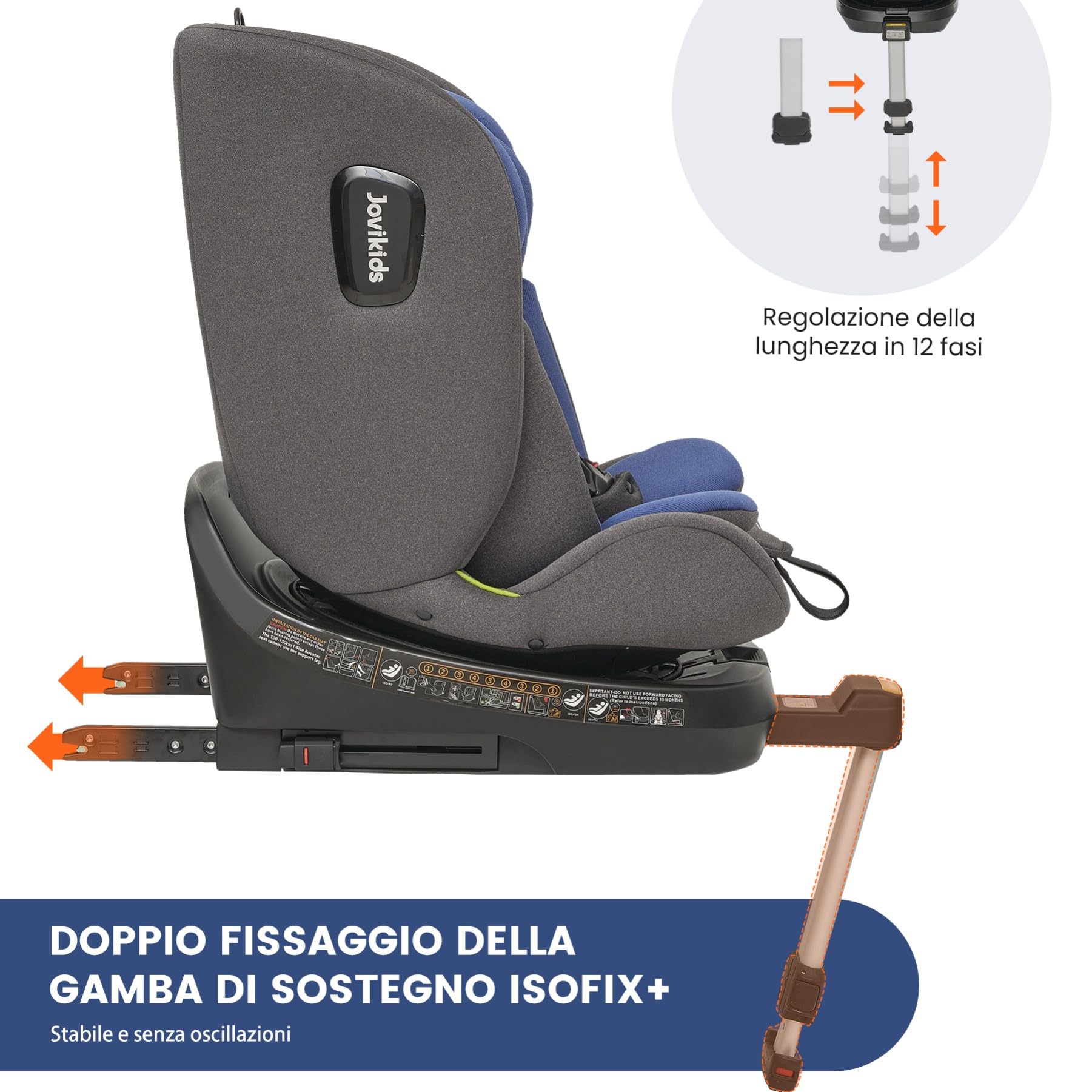 Jovikids i-Size Seggiolino Auto 0-36kg, 360°Girevole Ovetto Neonato Auto con Isofix e Gambe di Supporto 40-150cm dalla Nascita a Circa 12 anni (Blu)