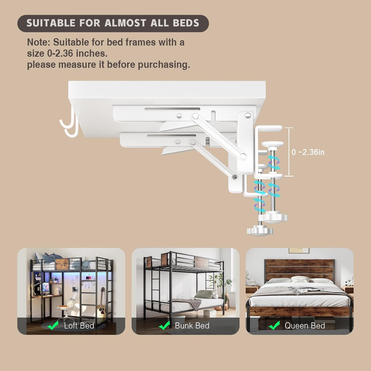 Magheo Bedside Shelf Foldable, Metal Clip-On Bunk Bed Table Shelf for Top Bunk Heavy Duty Bed Side Table Tray for College Dorm Room Essentials, Loft Nightstand Organizer Tray with 1 Cord Hole(White)