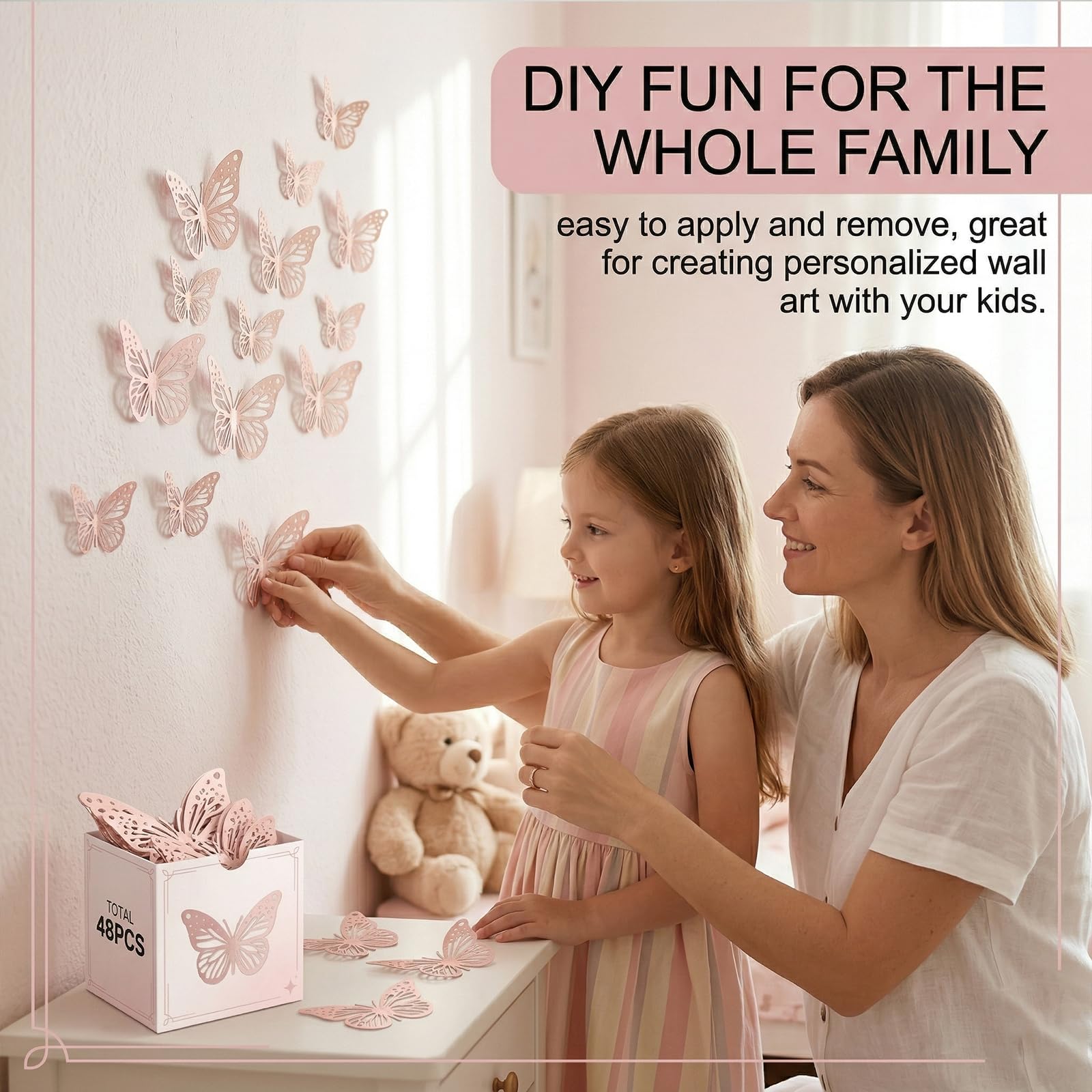 Farfalle Adesivi da Parete 3D Decorazioni per Casa Stanze 48 Pezzi (Rosa)