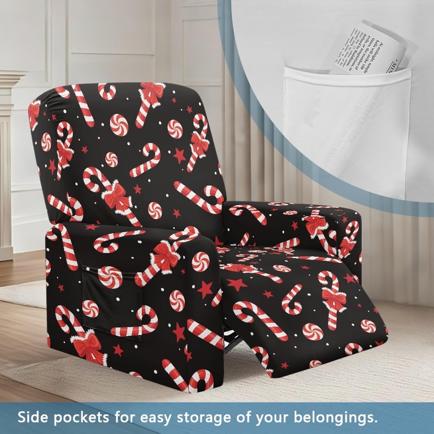 Christmas Candy Bow Star Print Stretch Recliner Slipcovers, Sofa Cover 4-Piece, Lazy Boy Chair Covers Furniture Protector, Recliner Chair Cover with Storage Pocket Christmas Decor