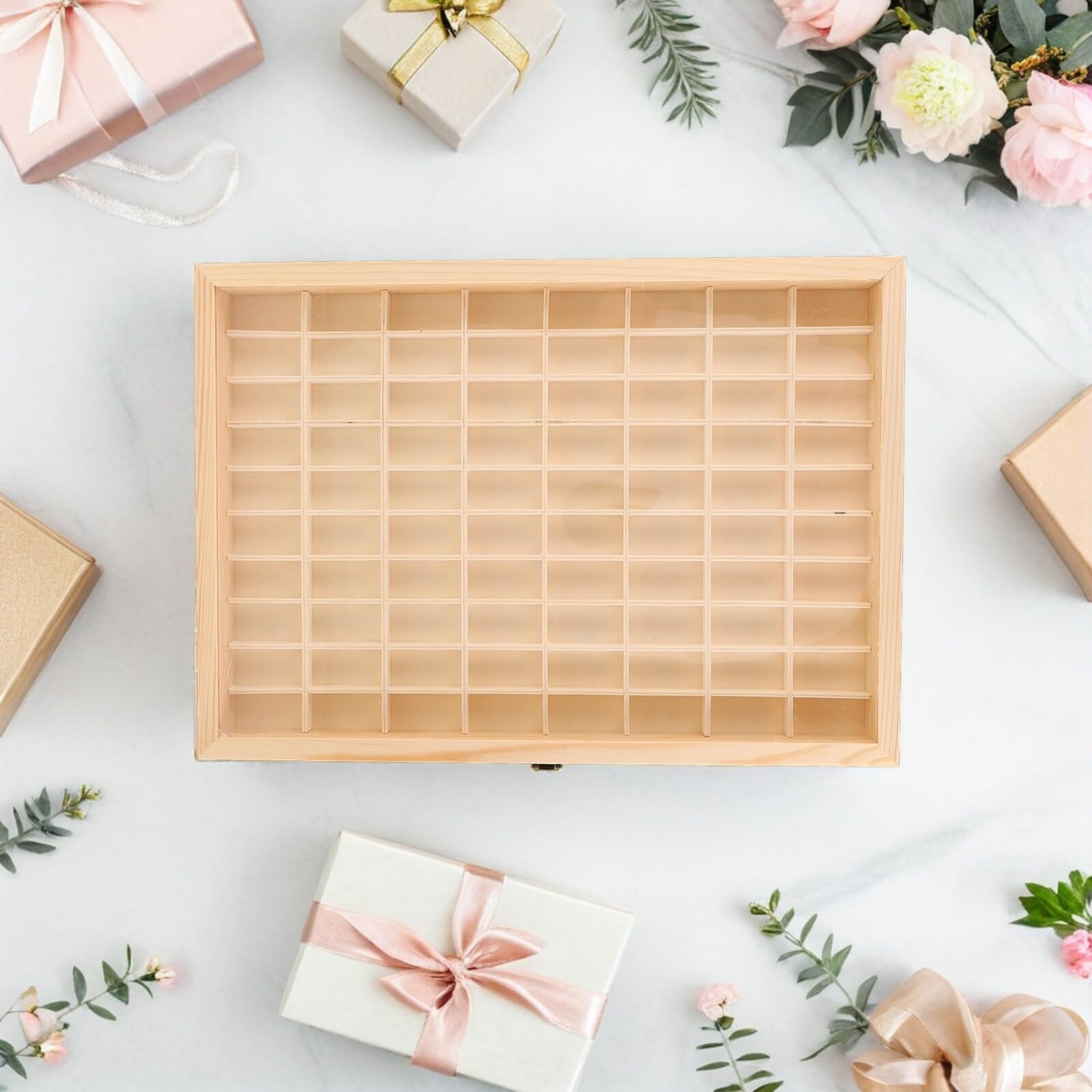 Elegante Holzkiste mit 80 Kleinen Fächern und Transparentem Sichtfenster Modulare Aufbewahrungsbox für Mineralien und Steine für Sammler und Wohnzimmer