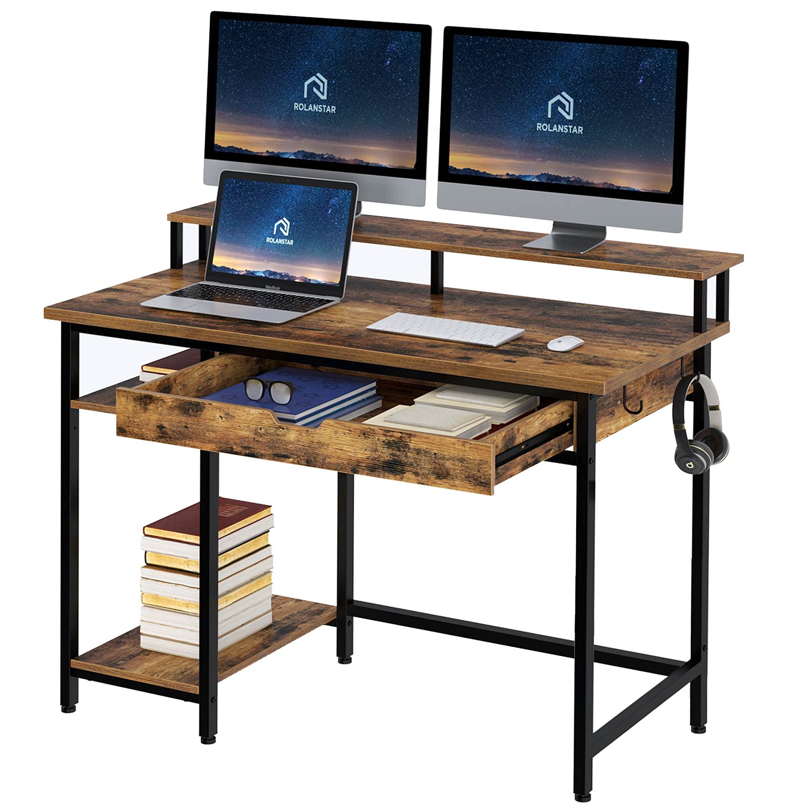 Rolanstar Computer Desk with Monitor Stand and Drawer, 39" Home Office Writing Desk, Study Table Workstation, Stable Metal Frame, Rustic Brown