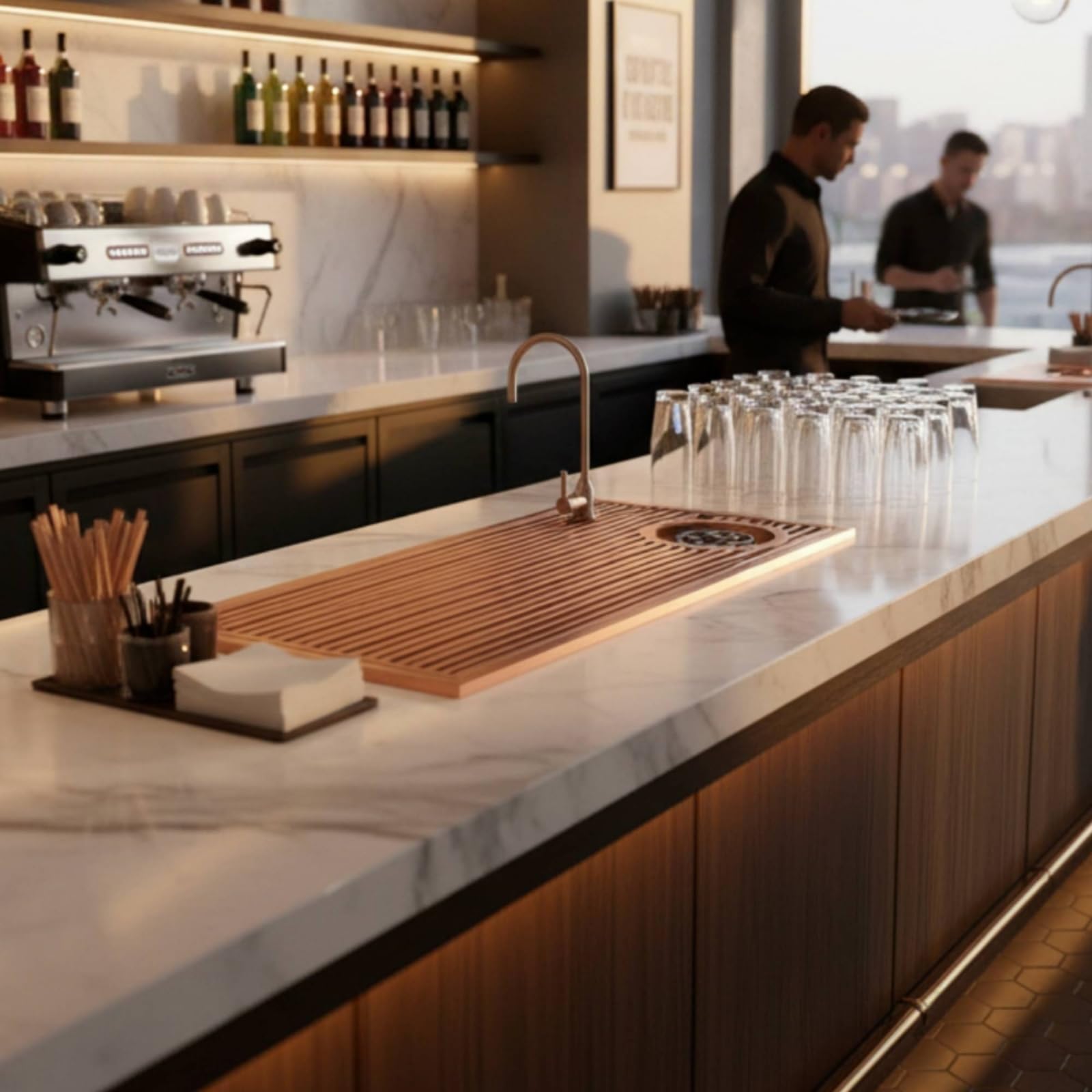 Station de Préparation de Café Plateau d'Égouttage Planche à Rinçage Actionnement par Pression Bac de Récupération Inox Cadre Résistant Adaptée aux, Or Rose, Nouveau Style Chinois
