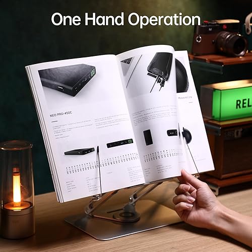 Miniatura 3 de Bisofice Soporte para libros de escritorio para lectura con base giratoria de 360, panel de madera y clips de página, plegable y ajustable en ángulo