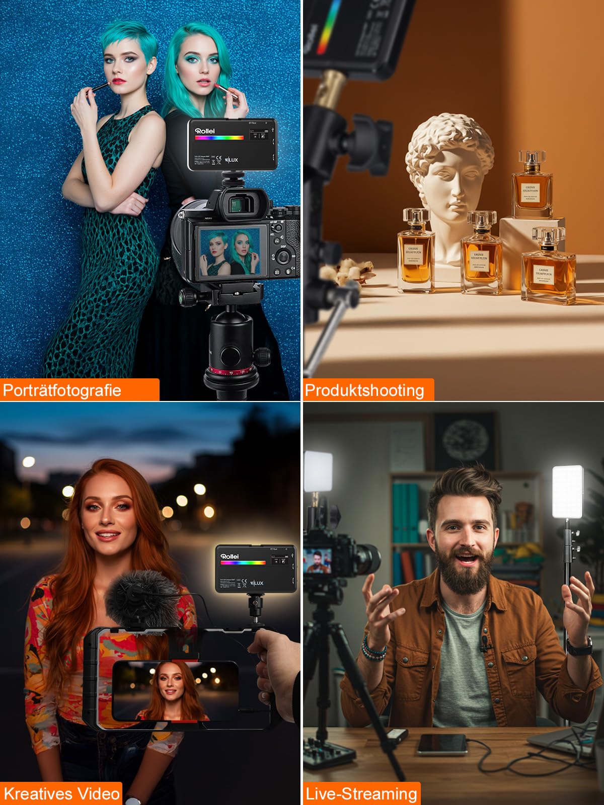 Rollei LUX Compact RGB Kamera Licht, Led Dauerlicht mit 360 Farben und 13 Lichteffekten, Kompackte LED Fotolicht 125g 98 CRI/TLCI mit Integrierter Akku, Fotolicht-Dauerlicht-Fotografie-Kamera-Licht