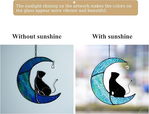 Miniatura 5 de HDCRYSTALGIFTS Gato negro para colgar en la ventana, diseño de gato sentado en luna azul, para decoración de pared de ventana, regalos para