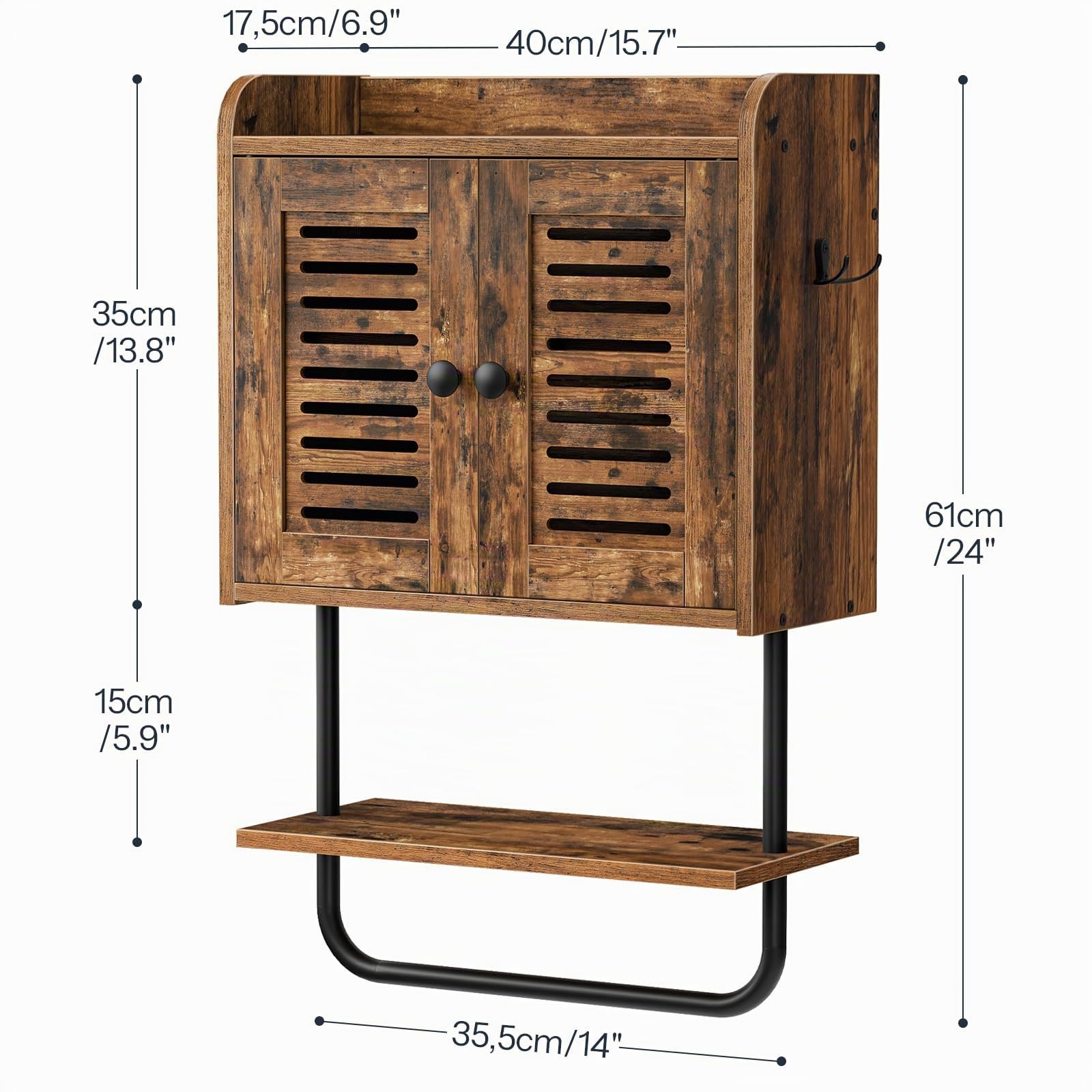 HOOBRO Mobile da Cucina, Armadietto per Bagno da Parete, per Medicinali, con 2 Ante a Persiana e Portasciugamani, Ripiano Regolabile, 2 Ganci, Camera, Cucina, Marrone Vintage e Nero EBF46CW01