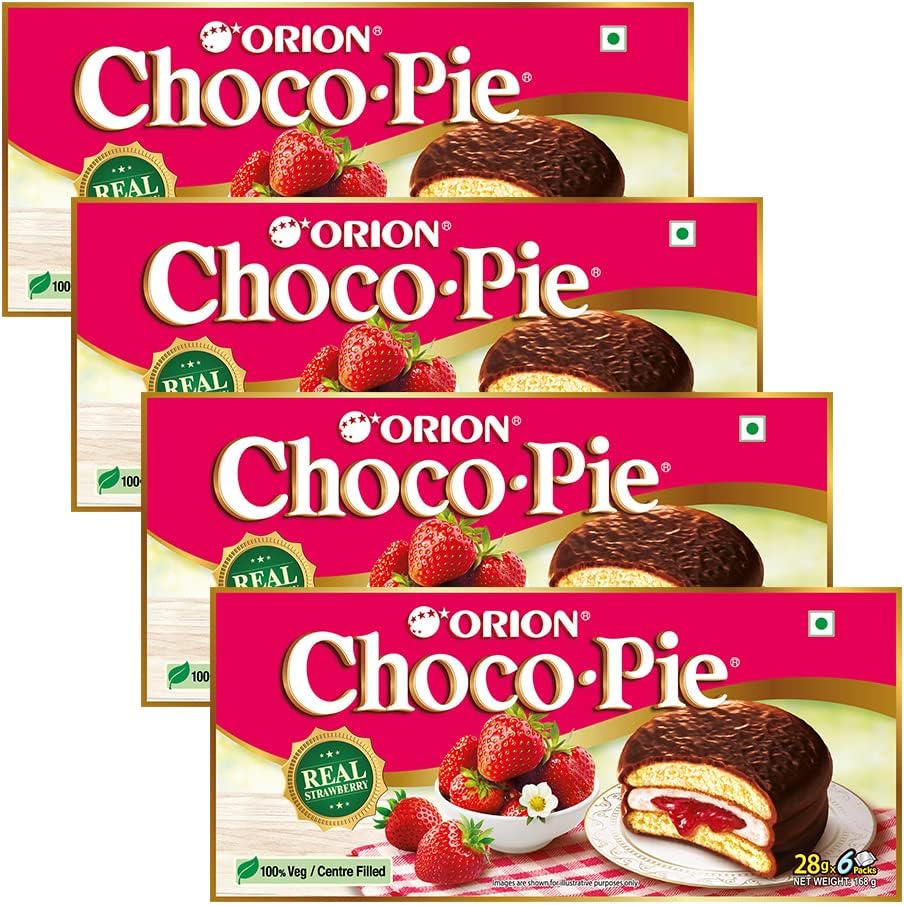 ORION Strawberry Choco Pie - 4 x 6 Piece Pack (24 pies)| Centre-filled Chocolate biscuit