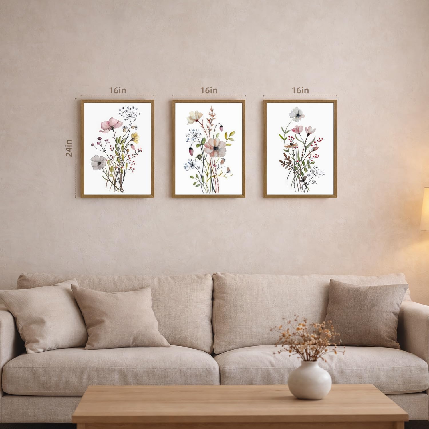 EisEver Watercolor Wildflower Wall Art Set of 3, Botanical Floral Canvas Prints, Neutral Farmhouse Flower Decor, Minimalist Nature Artwork for Living Room Bedroom Bathroom Wood Framed 12x16 Inch
