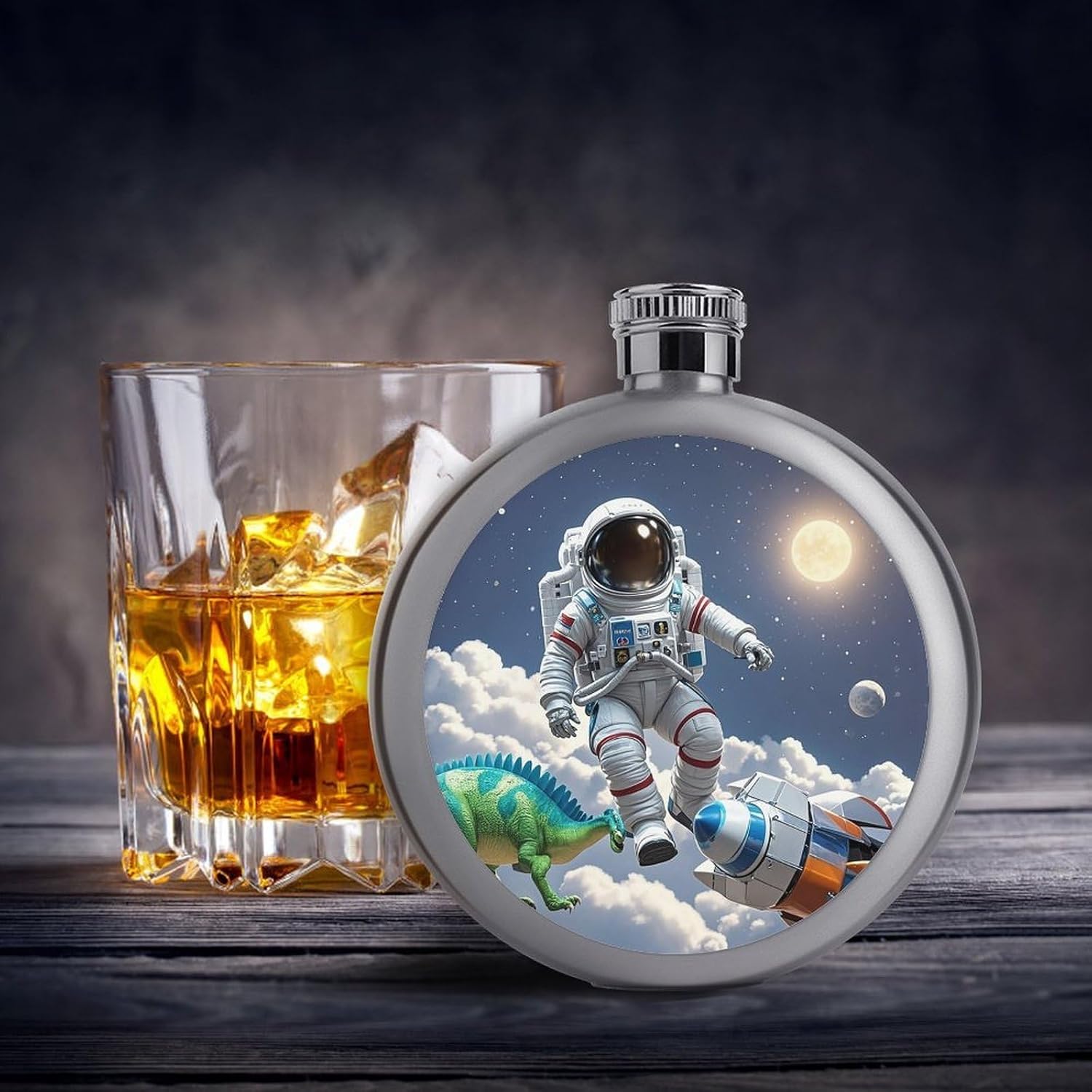 Funny Astronaut Dinosaur Rocket Stainless Steel Flagon to 5 Oz with Screw Cap,Hip Flask for Men–Whiskey & Liquor Pocket Flask,Alcohol Flagon for Camping Drink Sports Outdoor Wine Bottle
