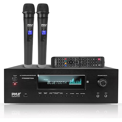 Pyle 1000W 5.2 Channel Home Theater Receiver - Bluetooth 5.0 - Amp w/ 2 UHF Wireless Mics - 4K UHD/3D/Blu-ray Pass-Through - MP3/USB/HDMI/AM/FM Radio - DSP EQ - Mic Echo & Volume Controls - PT888BTWM