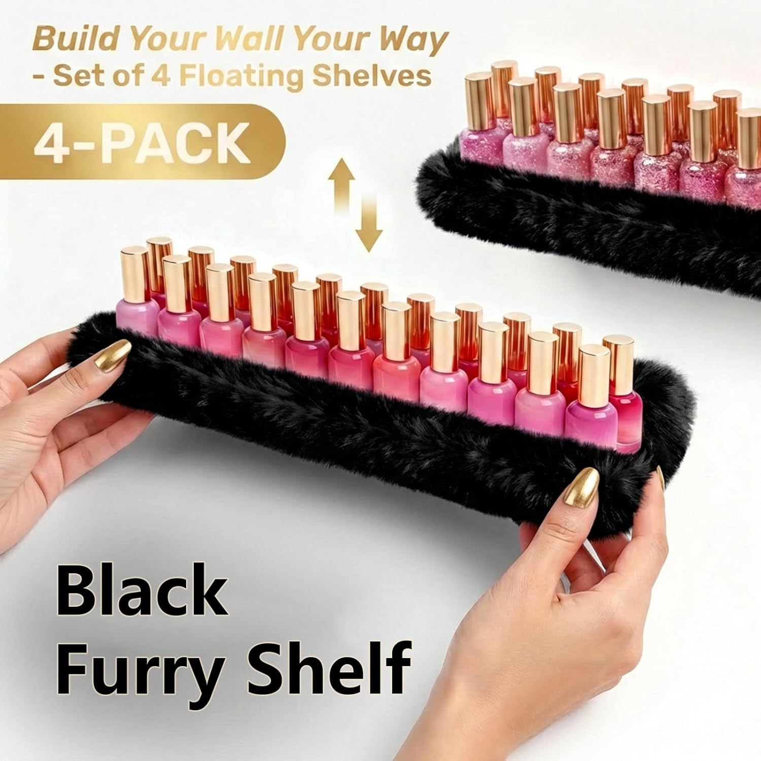 Care&More YJ 15 Inch Nail Polish Shelves, 4-Pack Fuzzy Display Nail Polish Rack for Storing Nail Bottles, Sunglasses, Essential Oils, Plush Soft Black