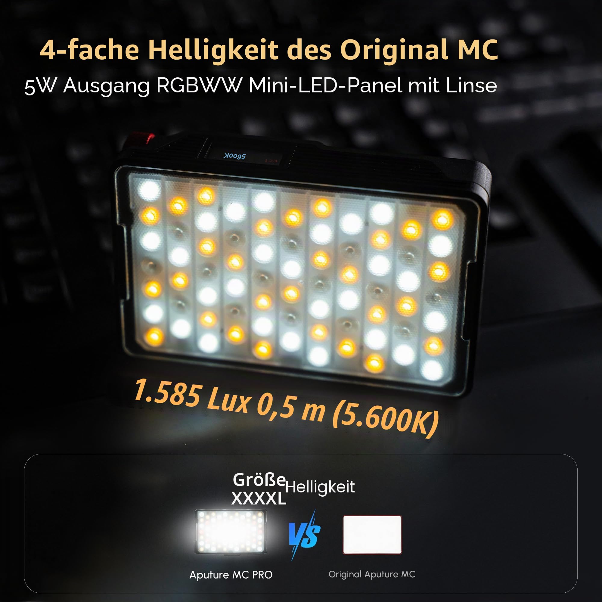 Aputure MC Pro RGBWW Videolicht, 5 W, hohe Helligkeit, 1585 Lux bei 0,5 m, 2000–10000 K, verstellbare magnetische Anziehungskraft und IP65 wetterfest für Fotografie, Videofilmer