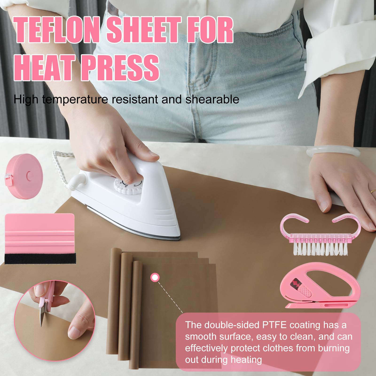XEUZK Sublimation Shirts Tool Pink Kit With 8T Shirt rulers, 3Pack Teflon Sheet for Heat Press 12 x 16in, Heat Resistant Gloves & Silicone Bumps, 4Rolls Heat Resistant Tape& Tape Dispenser Sublimation