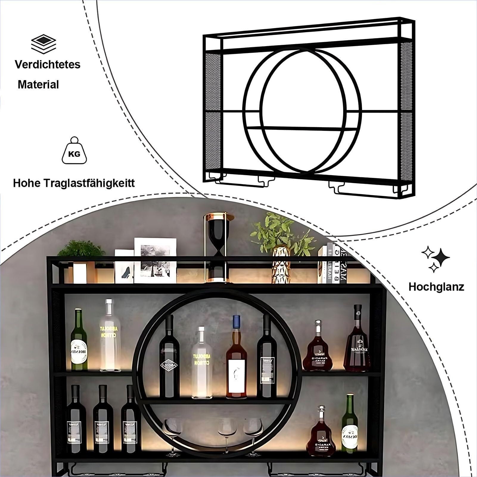 Moderno botellero de metal con luz LED para vino Slish y portavasos para casa, bar, cocina y catering, color negro, 1 m (negro/blanco, 1 m)