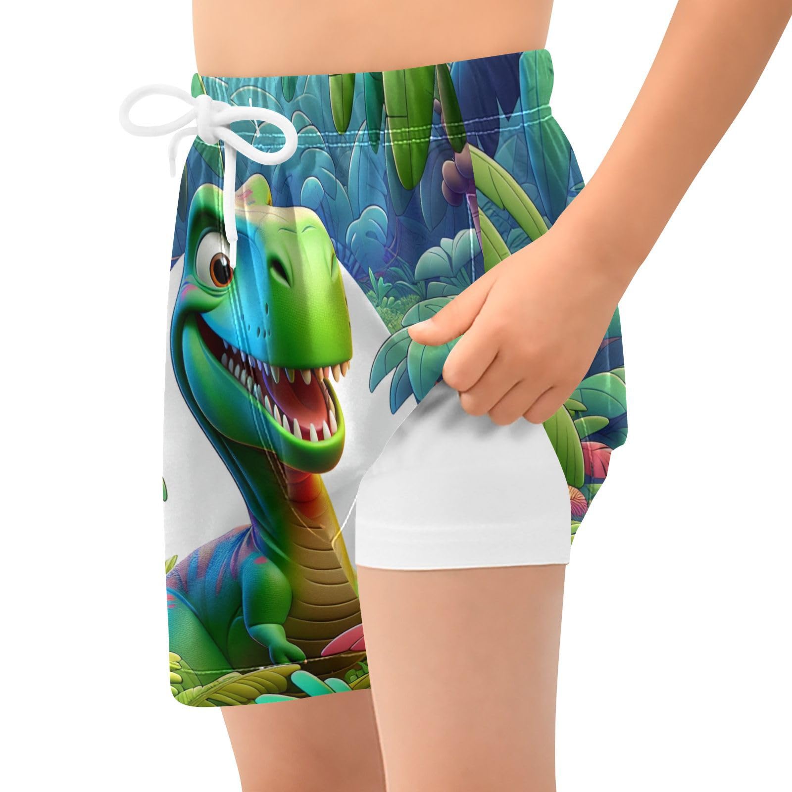 YANENDIE Boy Swim Trunks with Compression Liner Green Dinosaur Boys Swim Shorts Quick Dry Beach Shorts