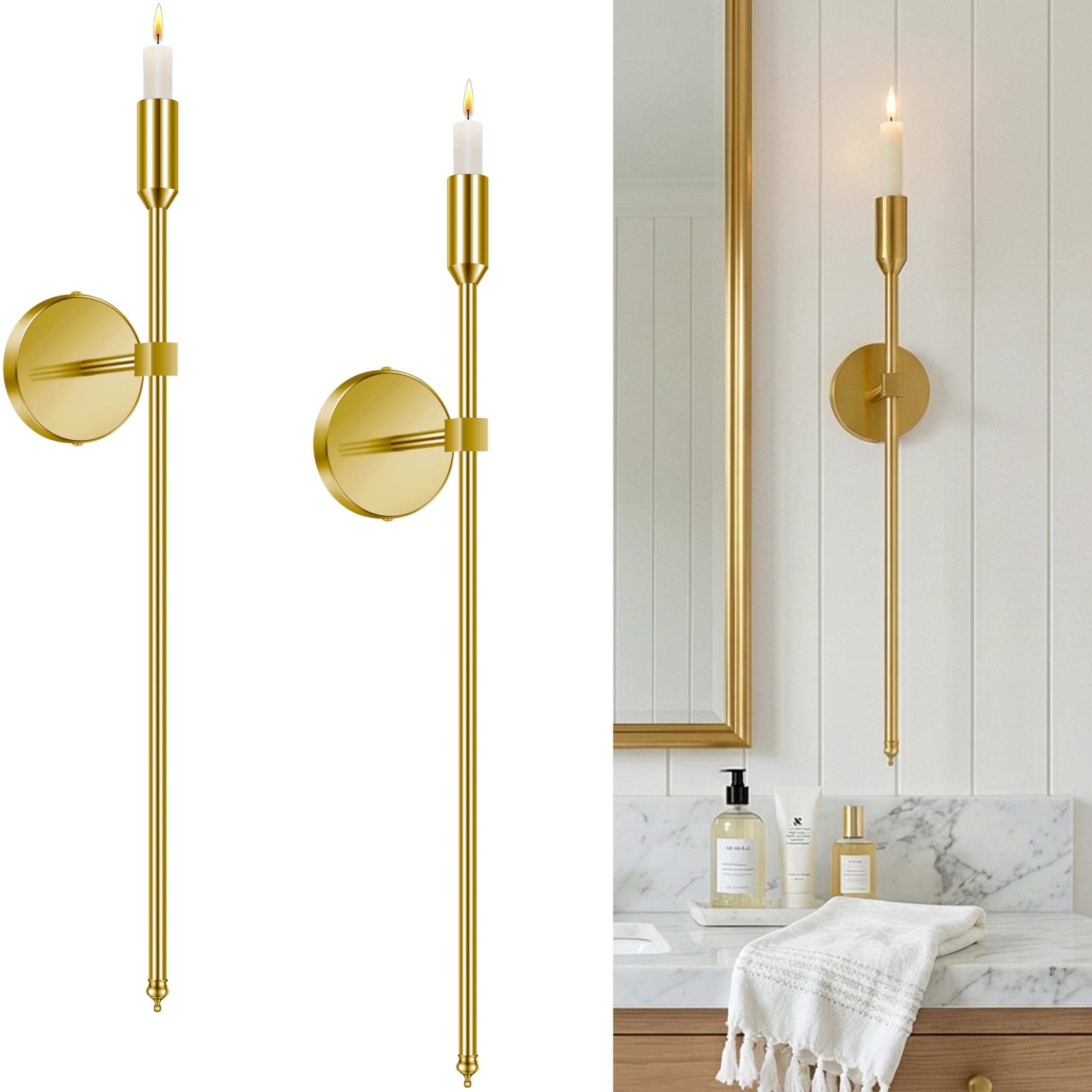 lumpro 23-inch large wall candle sconces, set of 2, wall mounted candle holder, modern chic home decor for bedroom, dining room, living room (brass)