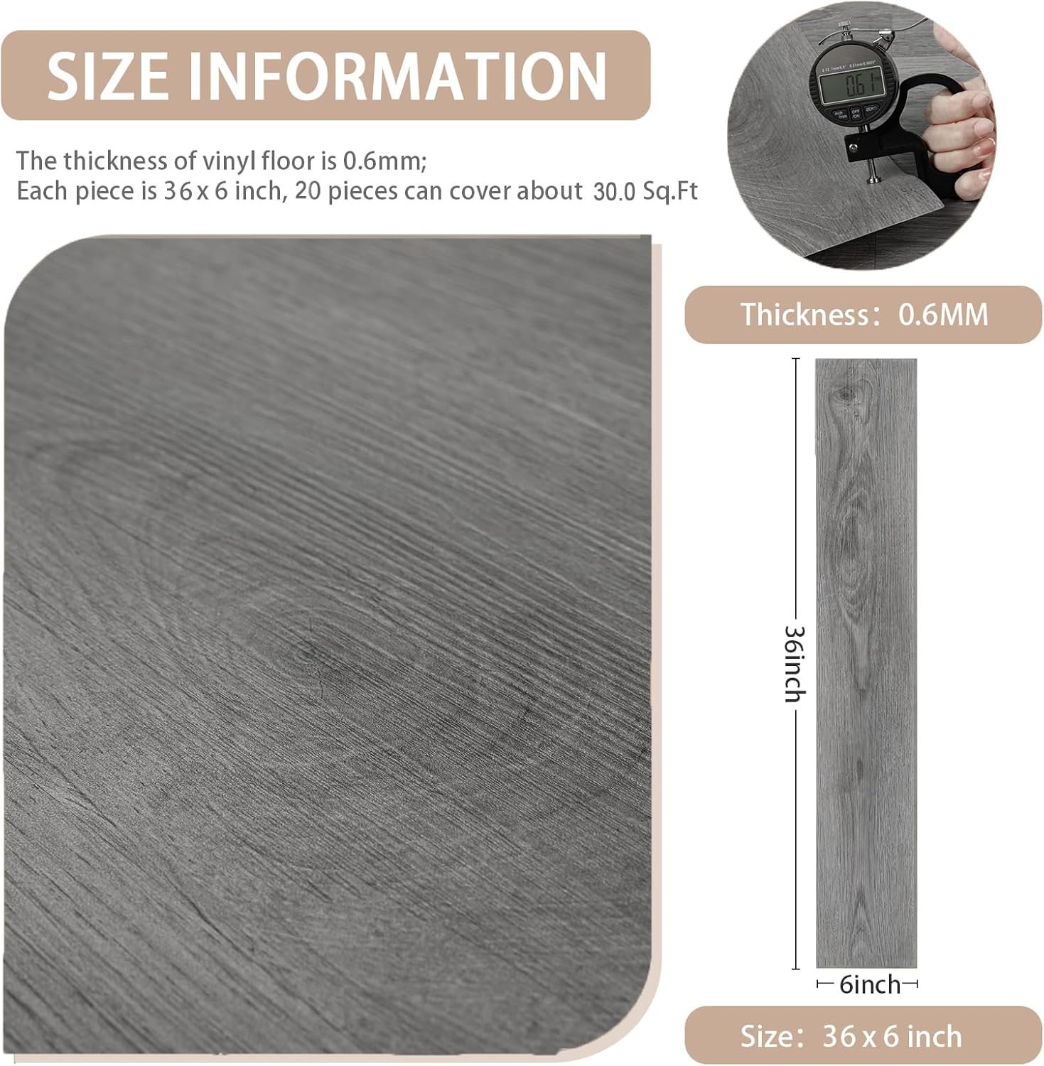 Peel and Stick Floor Tile Wood Plank Look, Self-Adheisve Vinyl Flooring Grey, 20-Pack 30 Sq.Ft, Floor Tiles Peel and Stick Waterproof for Bathroom Kitchen RV Renter, 36x6inch