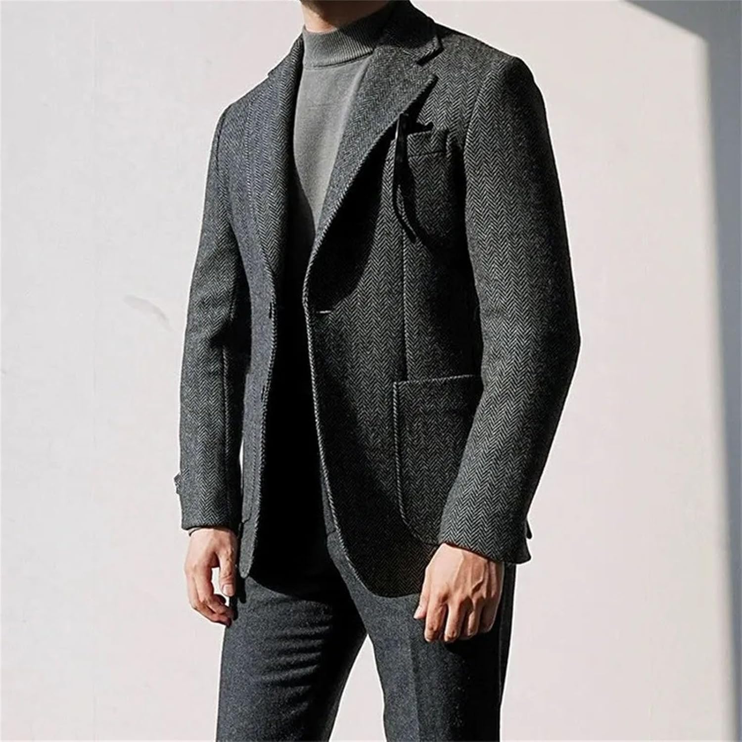 Men's Retro Wool Herringbone Suit Jacket Long Sleeves Single Breasted Thick Tweed Woolen Coat