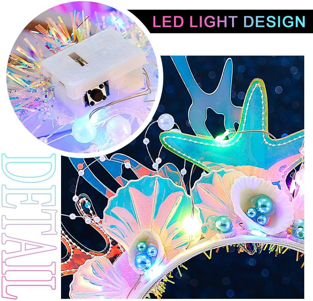 JEAIRTS Light Up Shell Headband Glowing Starfish Hair Band Led Pearl Mermaid Costume Hair Accessories for Women - Image 5