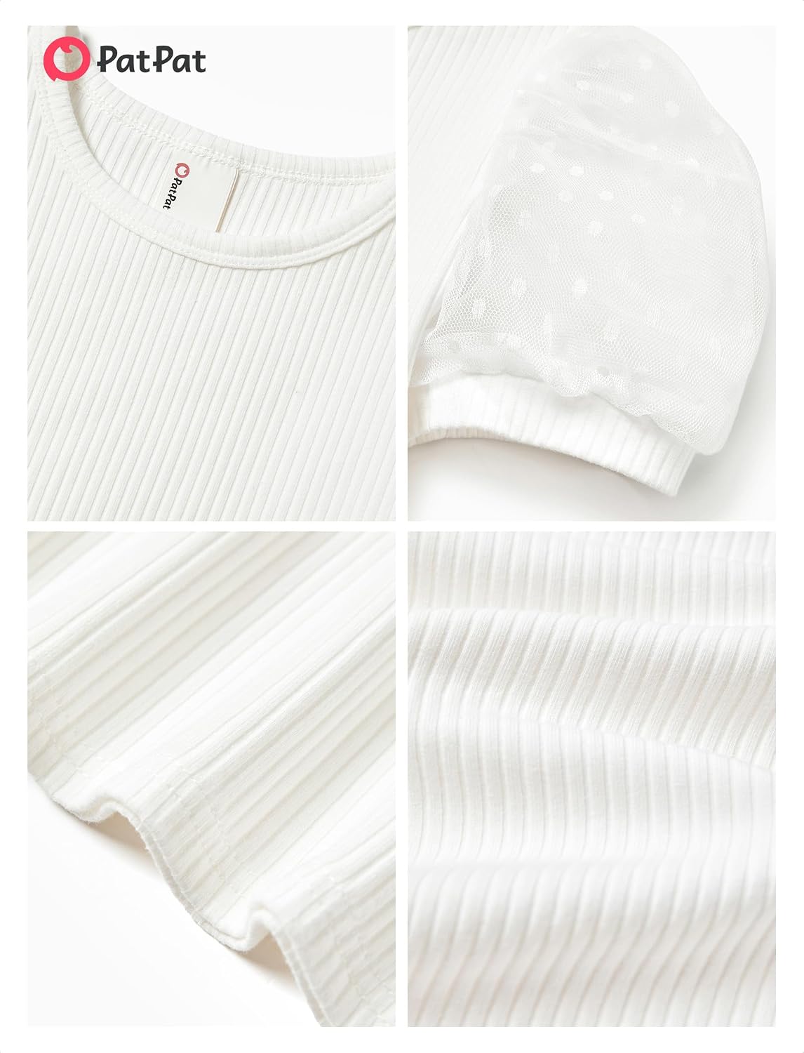 PATPAT Girls Puff Sleeve Shirt Plain Mesh Lace Knit Ribbed Dressy Blouse Summer Tops 2-12 Years