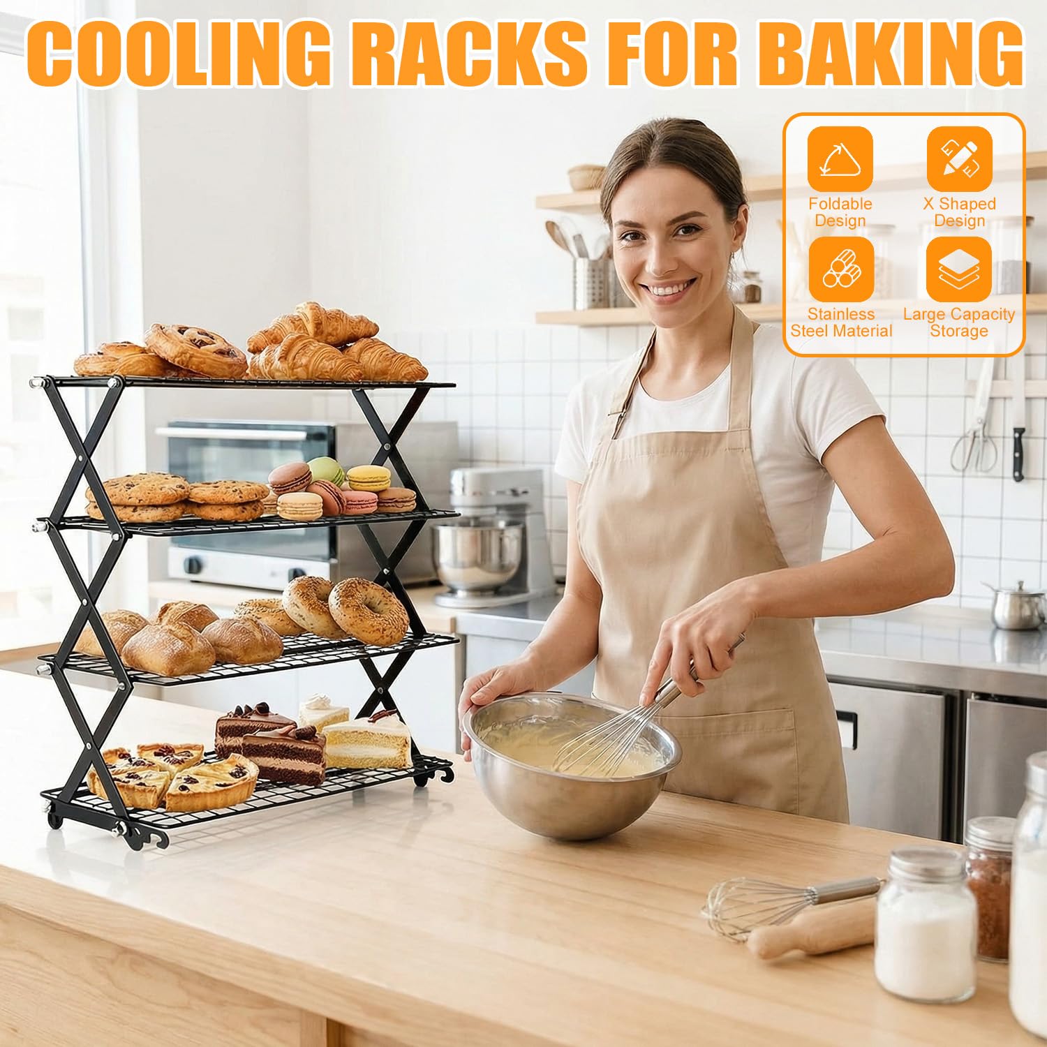 Griglia di raffreddamento pieghevole a 4 ripiani per cottura, 43 x 45 cm, griglia di raffreddamento pieghevole per torte, griglia di raffreddamento a forma di X, salvaspazio per muffin
