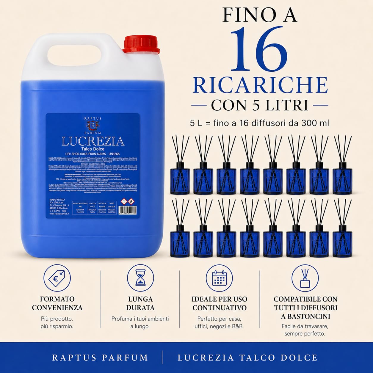 RAPTUS Lucretia Ricarica 5 Litri – Ricarica Professionale per Diffusori d’Ambiente 5000 ml con Bastoncini Inclusi | Fragranza Talcata Dolce e Avvolgente | Ricarica fino a 16 Diffusori da 300 ml