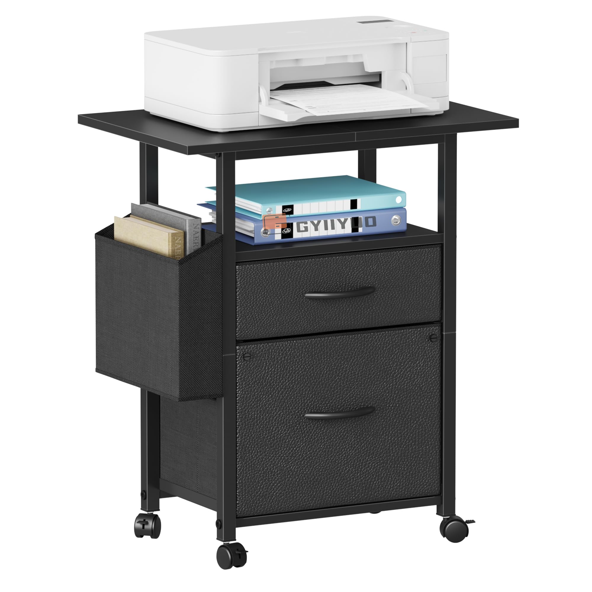 GYIIYUO 2 Drawer File Cabinet with 24'' Extended Desktop, Mobile Filing Cabinet, Rolling File Cabinet with Side Bag, Fabric Drawer, Fits A4/Letter Size, Printer Stand Home Office, Black