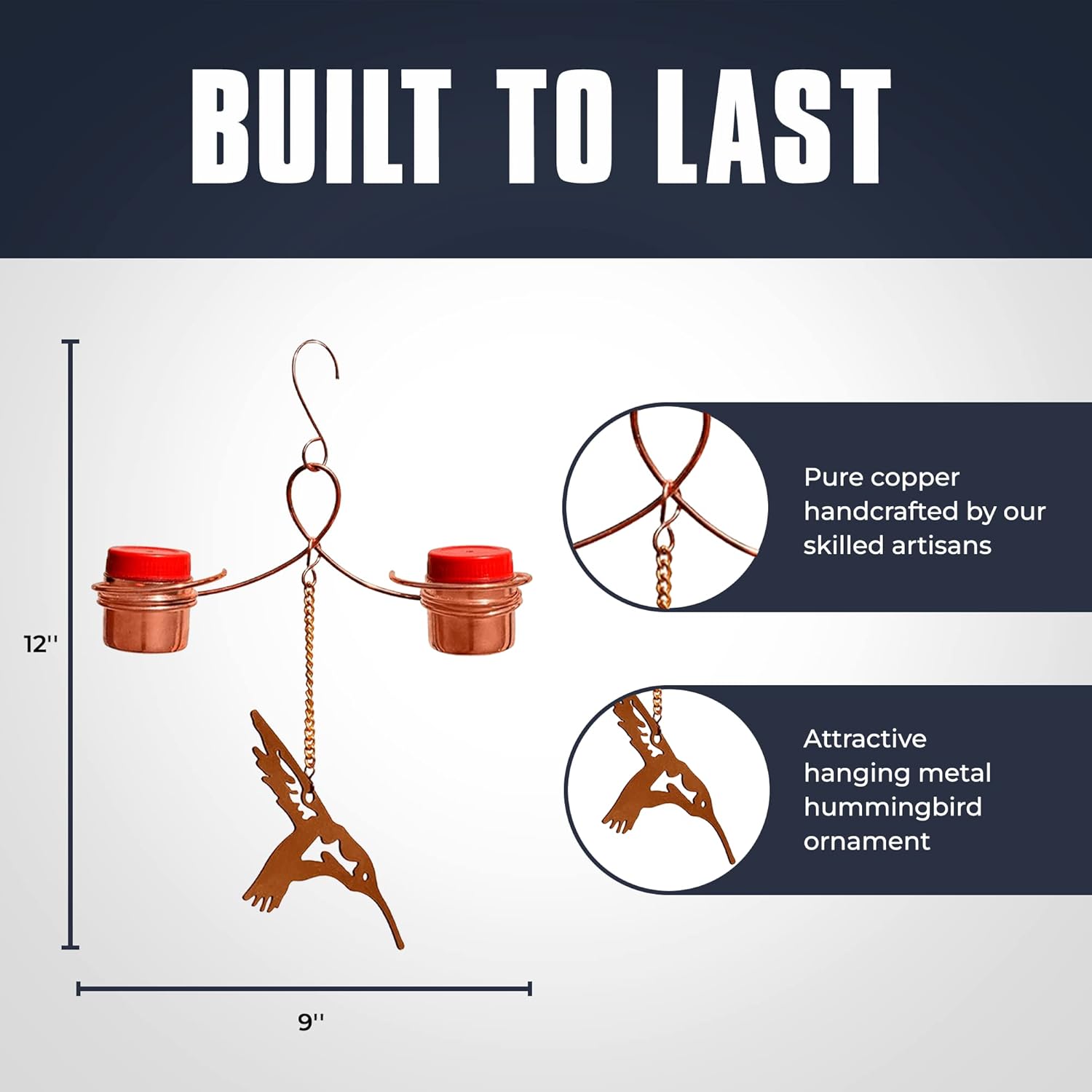 Monarch Abode Hanging Hummingbird Feeders for Outdoors – Pure Copper Handcrafted Double Hanging Hummingbird Feeder with Metal Ornament, Decorative Humming Bird Feeders for Outdoors Garden Patio Deck - Image 2