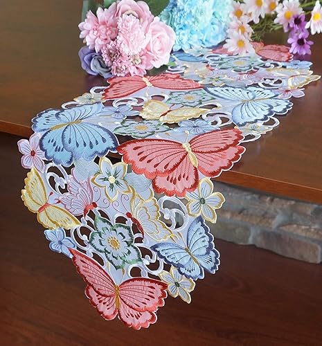 Miniatura 3 de Camino de mesa de Pascua, camino de mesa de mariposa bordado de primavera, 13 x 34 pulgadas, apliques florales bordados, lino para mesa del hogar,