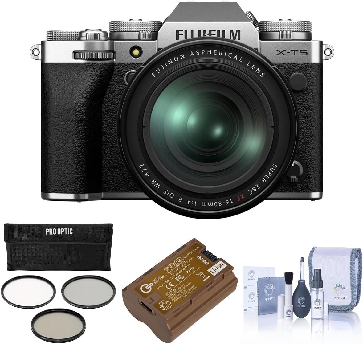 Fujifilm X-T5 Mirrorless Camera, Silver with XF 16-80mm f/4.0 R OIS WR Lens, Bundle with Extra Battery, 72mm Filter Kit, Cleaning Kit