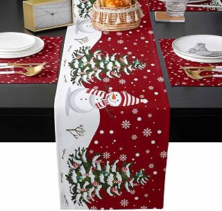 Victories Merry Christmas Table Runner and Placemats Set of 6,Snowman Xmas Tree Snowflakes Red Decor Cotton Linen Dining 70 Inch Washable Mats 6 Pcs Kits for Home Kitchen 1pcs (13*70 inch)+6pcs