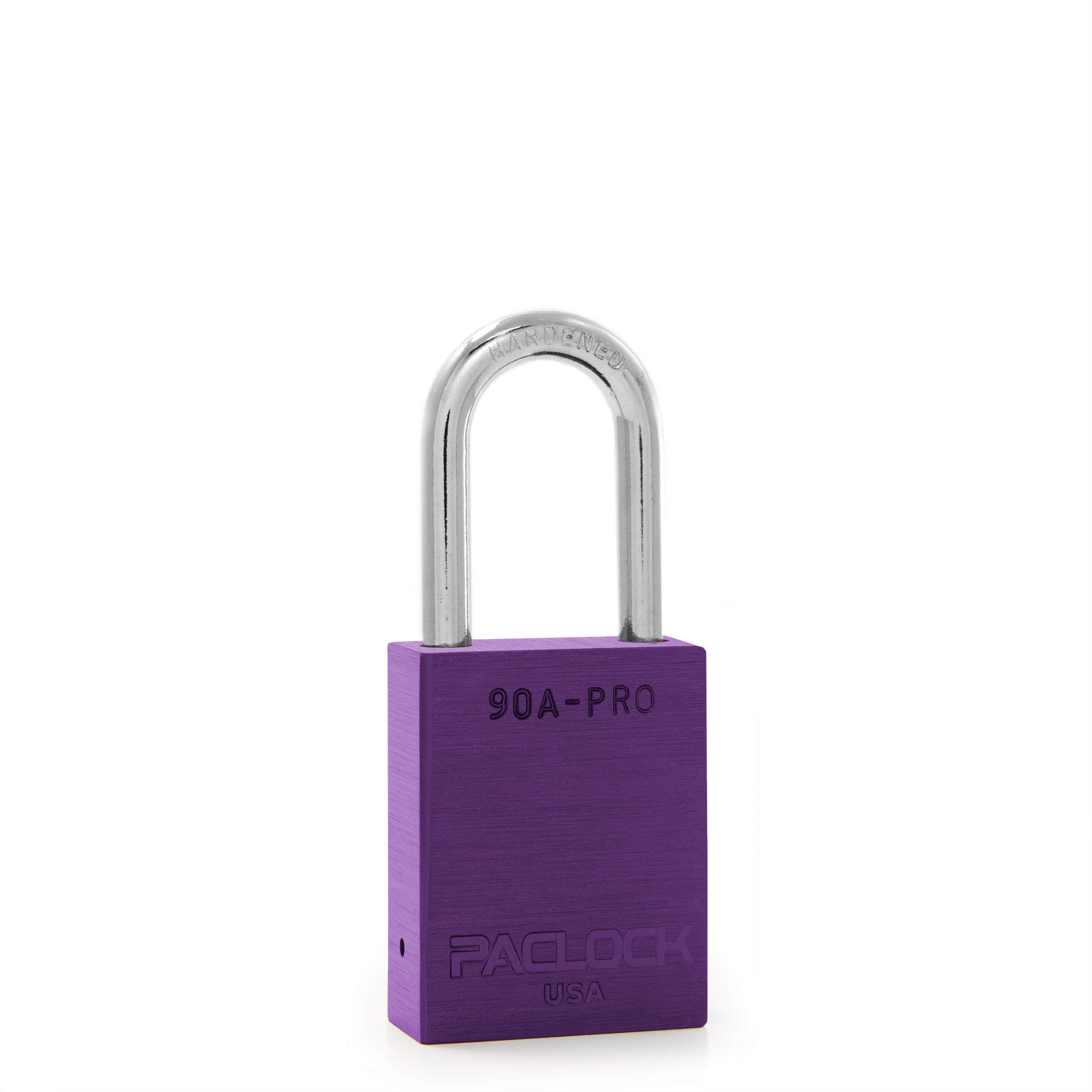 PACLOCK's 90A-PRO Padlock, 1/4" Diameter Hard. Steel Shackle, 1-1/2" Tall, High Performance 7-Pin Cylinder w/ 1 Key, Keyed Alike, Purple