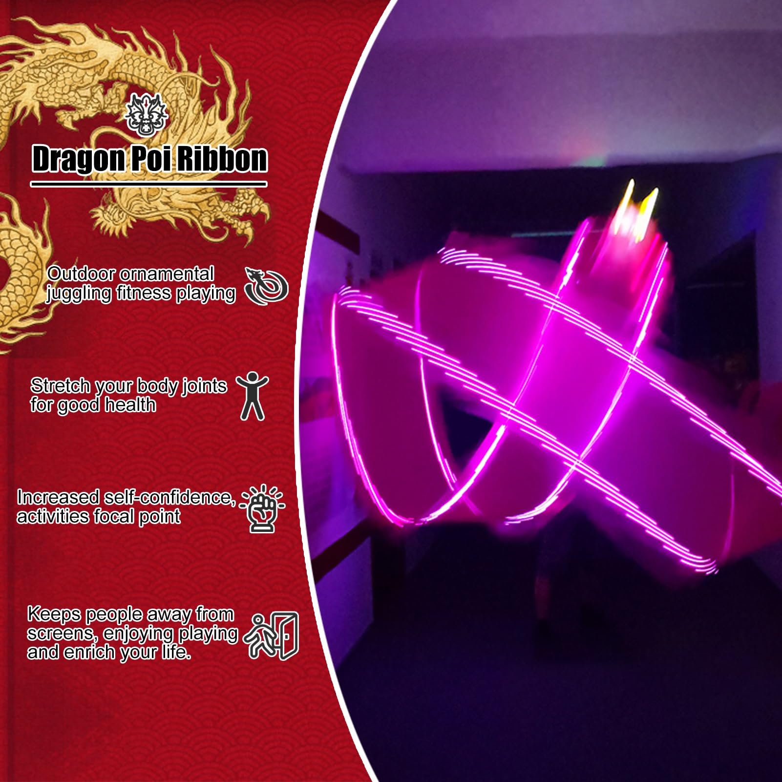 Ruban Dragon Lumineux Pour Danse Et Fitness - Longueur 8 M - Tissu Estampé Avec Tête Dragon - Pour Spectacle, Exercice
