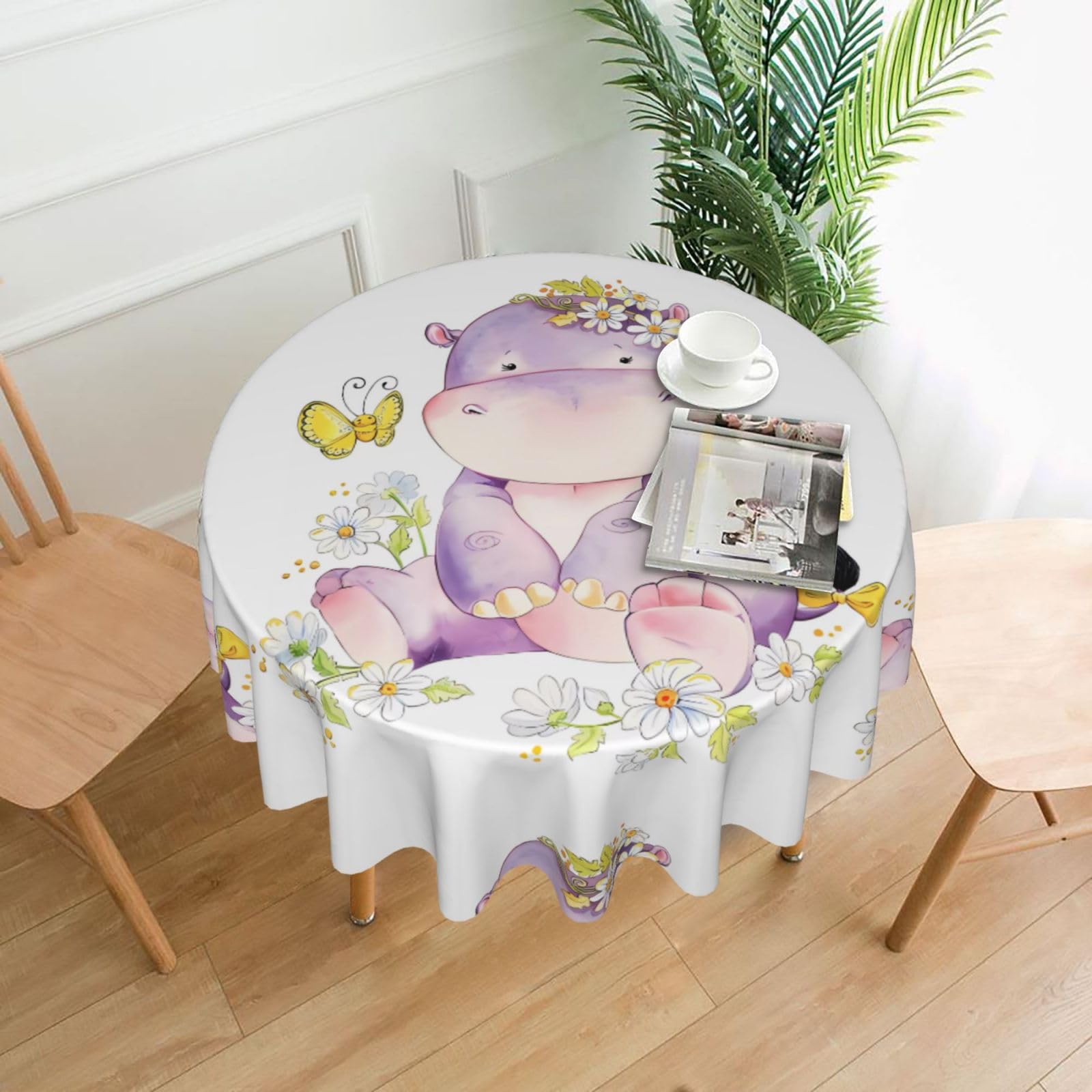 YYHWHJDE Hippo Butterfly Prints Round Decorative Tablecloth 60in - High-Grade Polyester Throw for Elegant Dining & Festive Gatherings