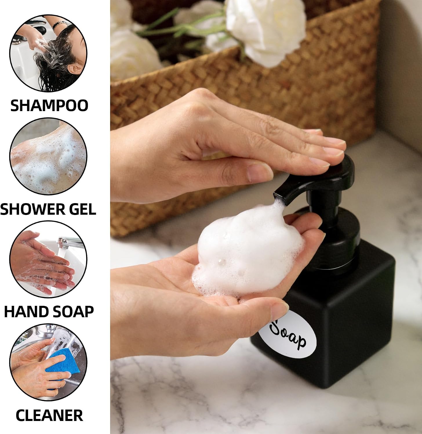 12 Pcs Foaming Soap Dispenser, 8.5 oz Refillable Plastic Soap Dispenser, Foam Pump Bottles for Hand Soap, Shampoo & Shower Gel, Black