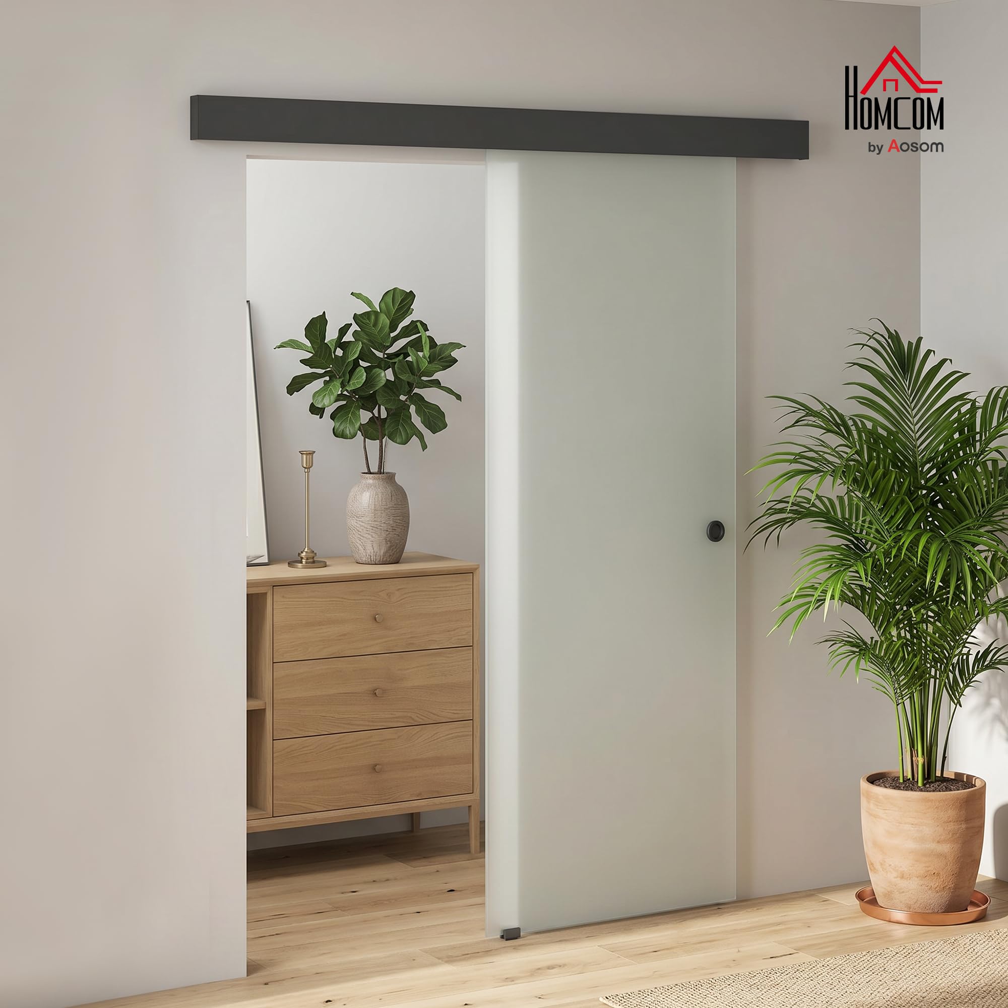 HOMCOM Porta Scorrevole Interna Muro 77.5x205 cm in Vetro Smerigliato, Binario Silenzioso in Lega di Alluminio, Kit Ferramenta, Maniglia, Guida, Porta da Interno in Stile Industriale, Bagno, Ufficio