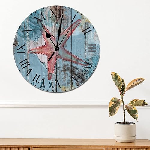 Miniatura 3 de ArogGeld Reloj de pared de PVC vintage con estrellas de mar relajadas relojes de playa con números romanos de 88 pulgadas silencioso sin tictac