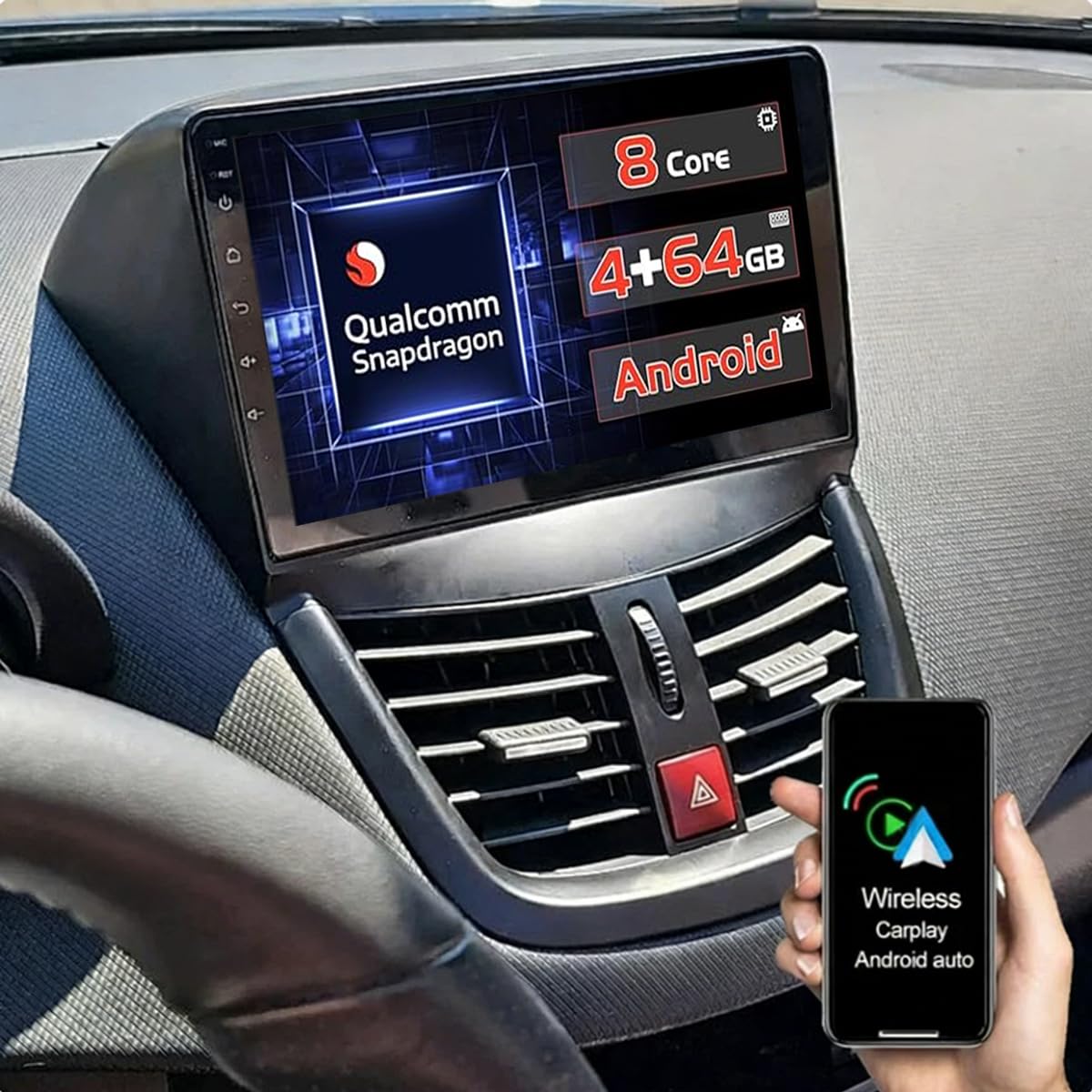 Qualcomm 8-Core, 4GB+64GB Android 15 Autoradio für Peugeot 207 2005-2015 Kabelloses CarPlay Android Auto, DSP, 9-Zoll IPS Touchscreen Bluetooth, FM/RDS, Lenkradsteuerung, AHD Rückfahrkamera