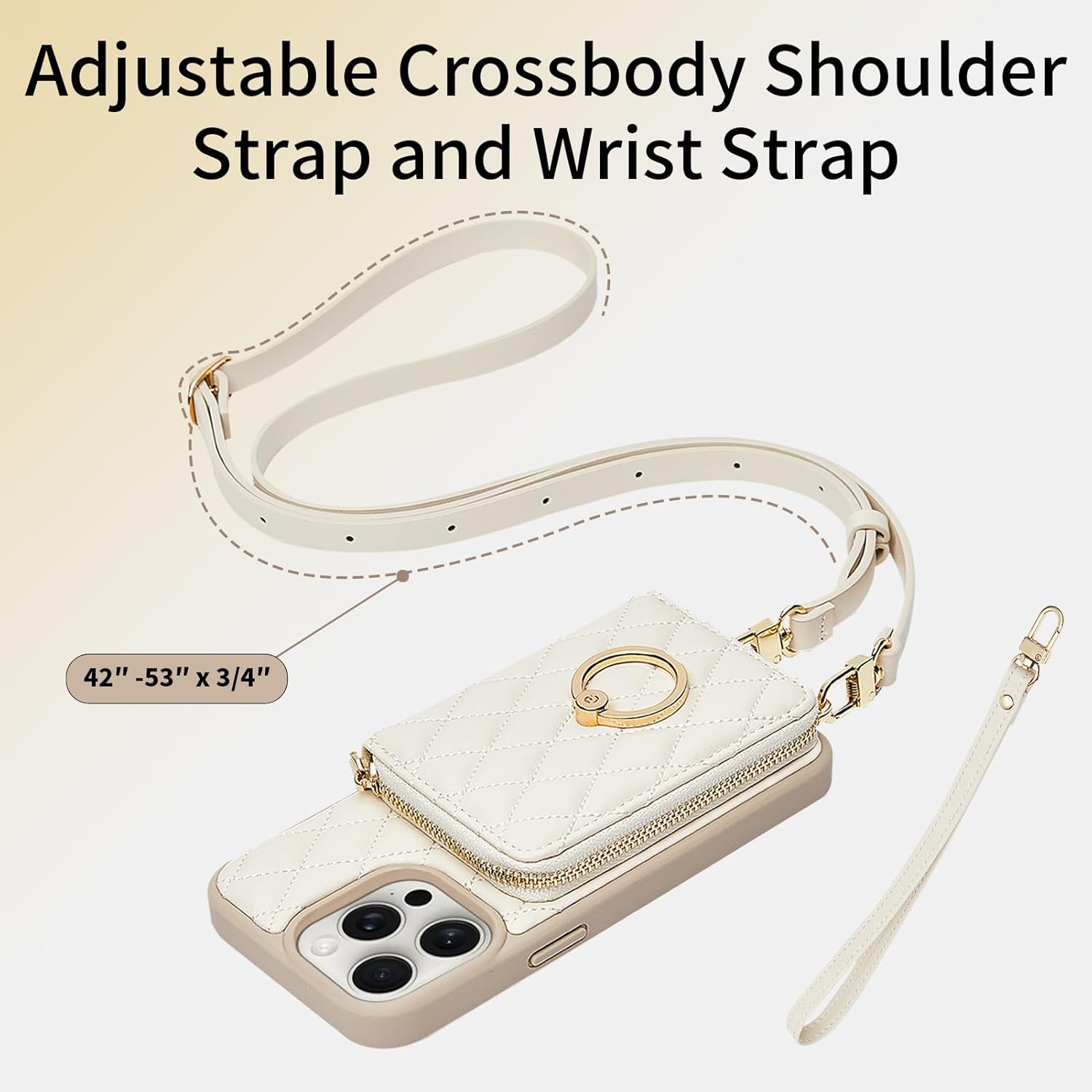 ZVE Crossbody Wallet Case for iPhone 14 Pro Max with Wrist Strap Protective Leather Lanyard Case with Card Slot Ring Holder for iPhone 14 Pro Max 6.7 Inch-Beige