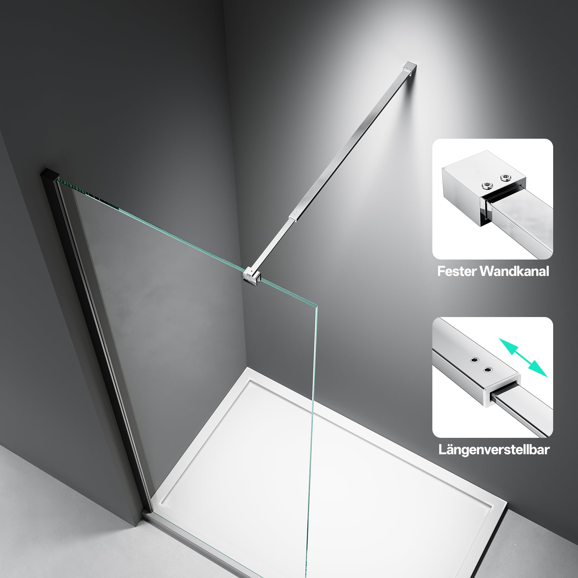 Duschstabilisator aus Edelstahl 66,7-121,5 cm, Chrom | Mit 304 Edelstahl gefertigt, geeignet für 6-10 mm Glas, Quadratisch Design