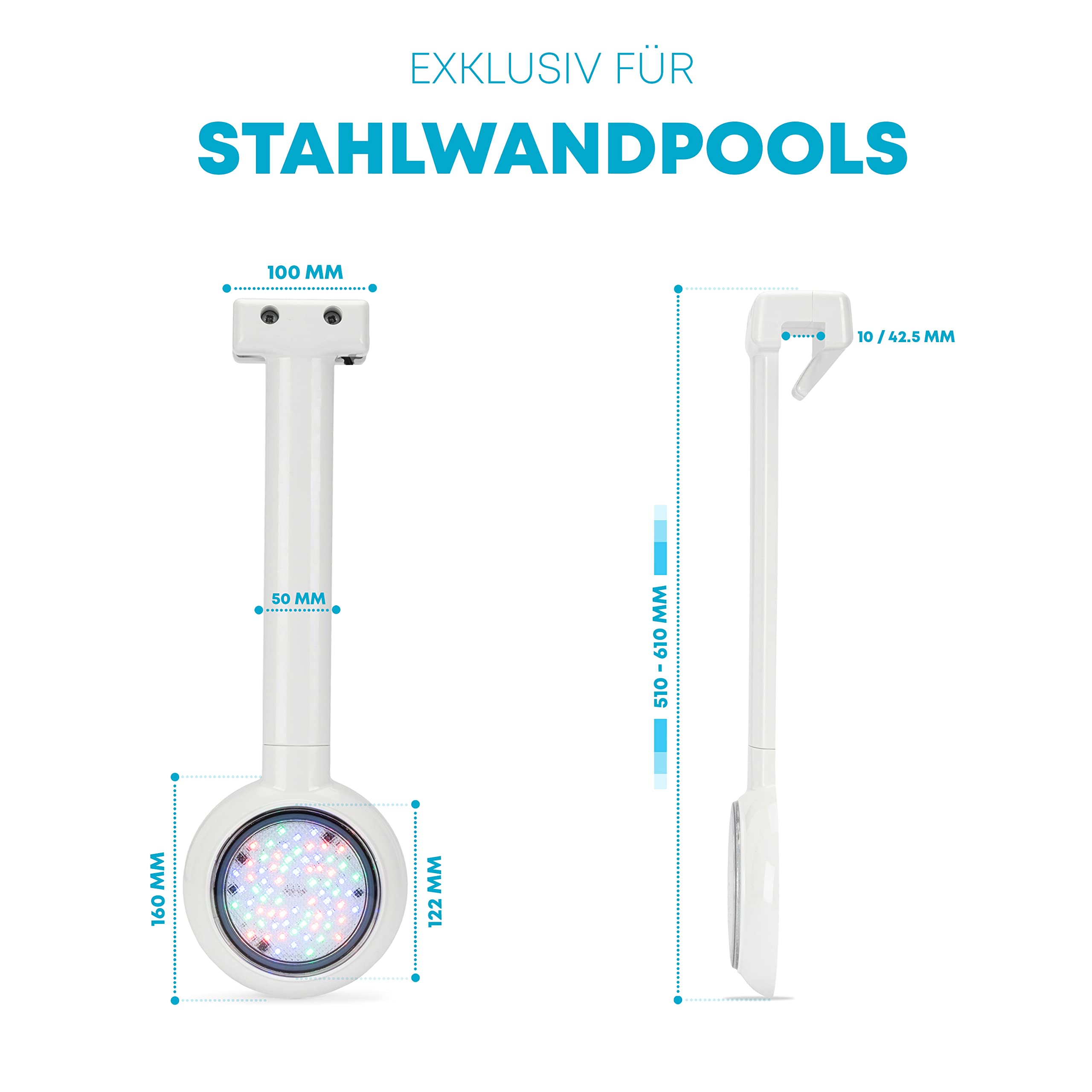 LED Einhänge Scheinwerfer 8 Watt / 12 Volt / 360 Lumen/RGB | 6 Verschiedene Farbmodi | 7 m Kabel | steckerfertig montiert | Pool Schwimmbad Beleuchtung | Stahlwandpools
