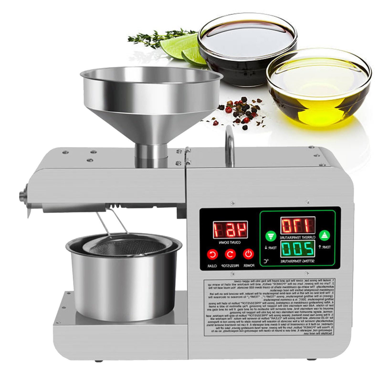 MYUYEE Electric Oil Press Machine,Hot/Cold Electric Automatic Oil Press Extractor,Household Stainless Steel Oil,For Peanut Sesame Coconut