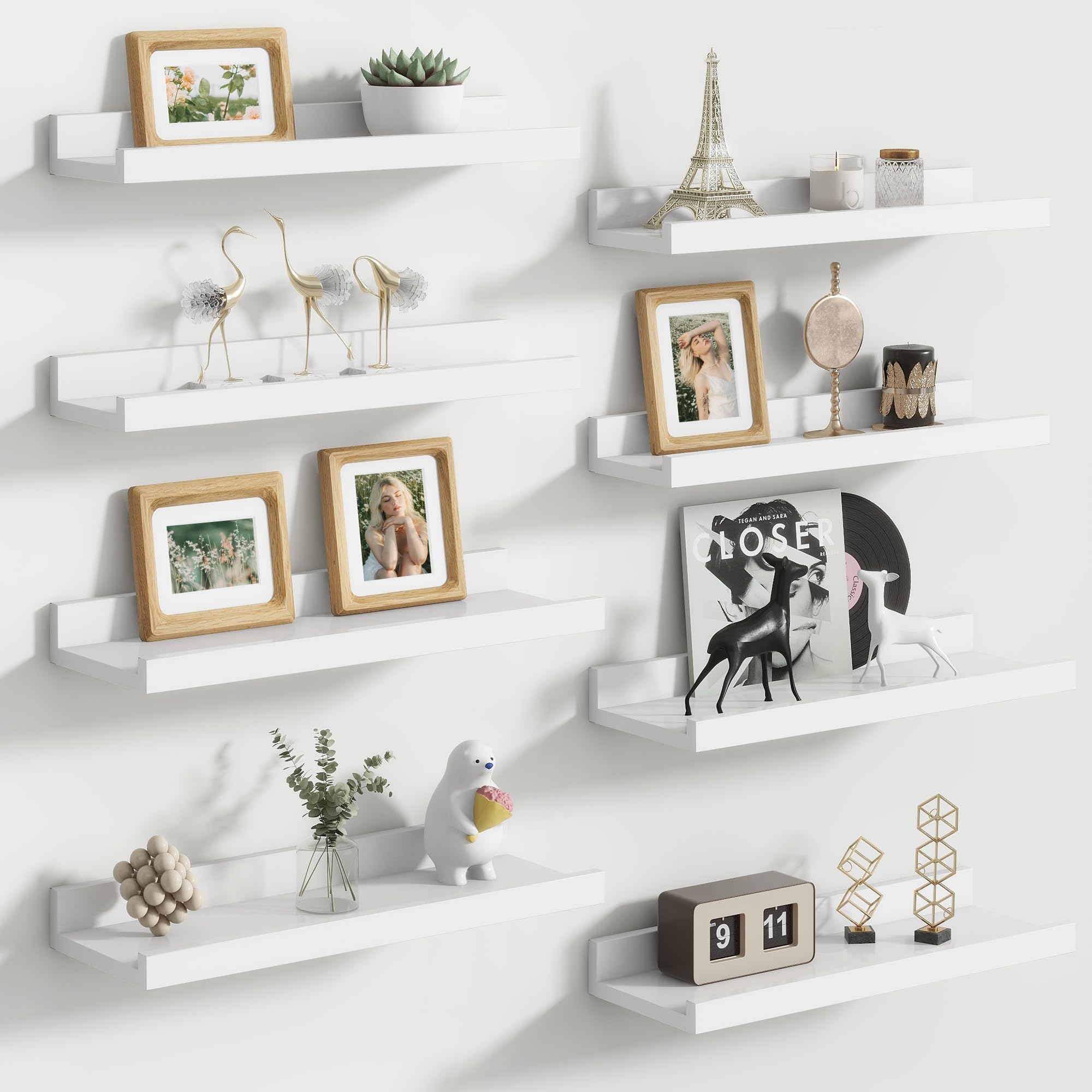 Floating Picture Ledge Shelves Set of 8, 16 Inch Solid Wood Wall Shelves with Lip, Large Nursery Book Shelf for Toys Storage, Kids Bookshelf, Living